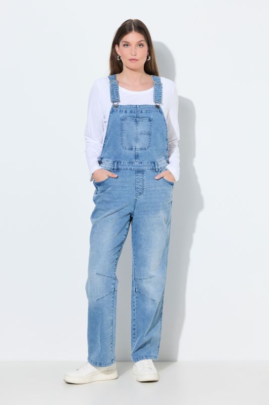 Salopette en jean, bretelles ajustables et boutons sur les côtés