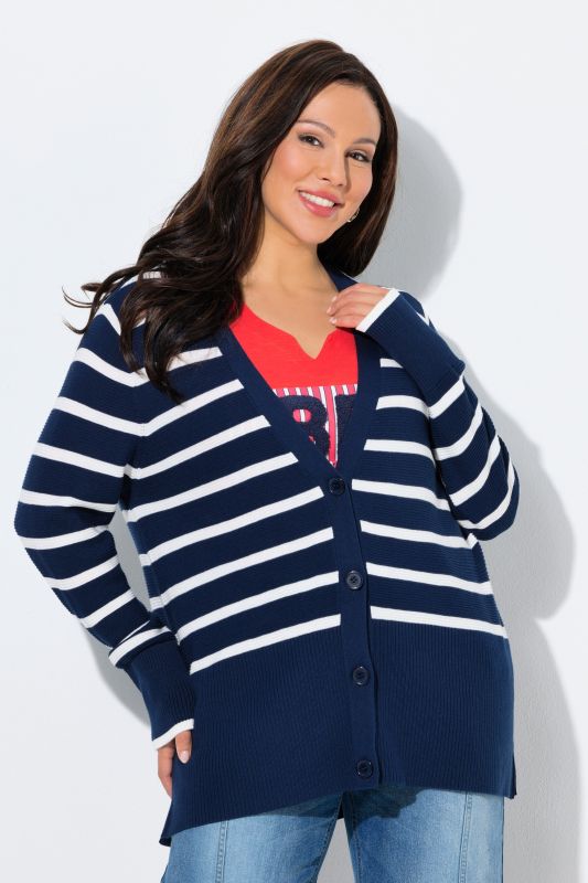 Cardigan rayé, encolure en V et manches longues