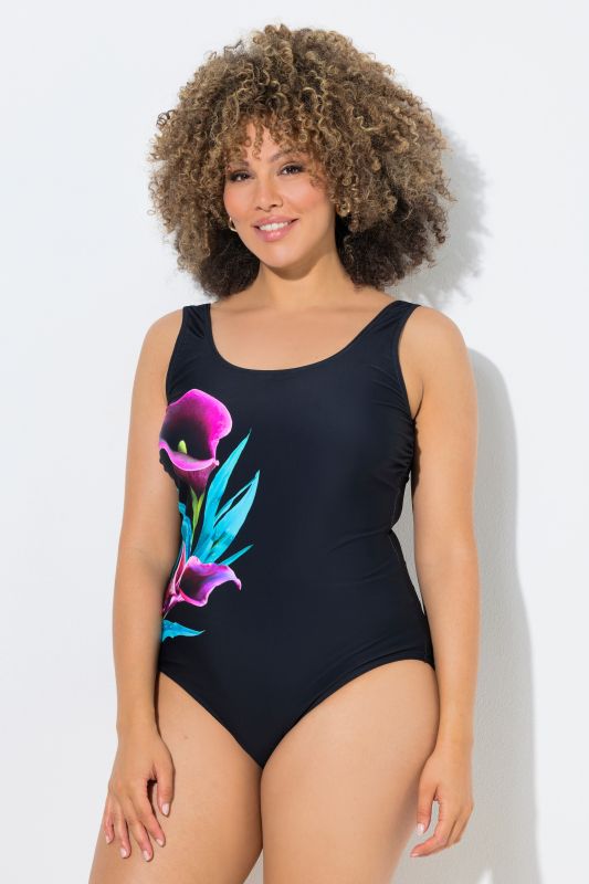 Maillot de bain sans bonnets souples, motif arums, décolleté rond