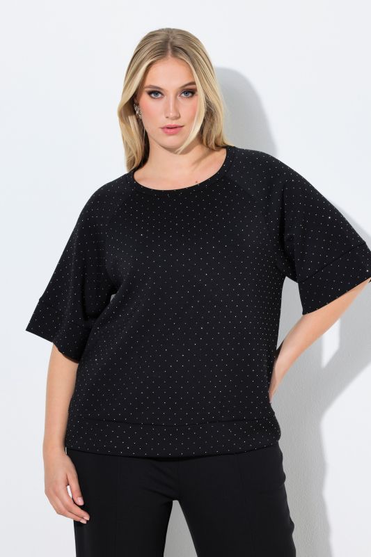 Sweat-shirt en modal mélangé, strass fantaisie, col rond et manches courtes