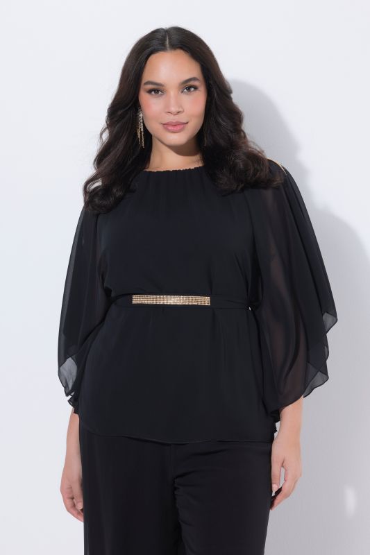 Blouse avec petites pierres scintillants, encolure bateau et manches chauve-souris
