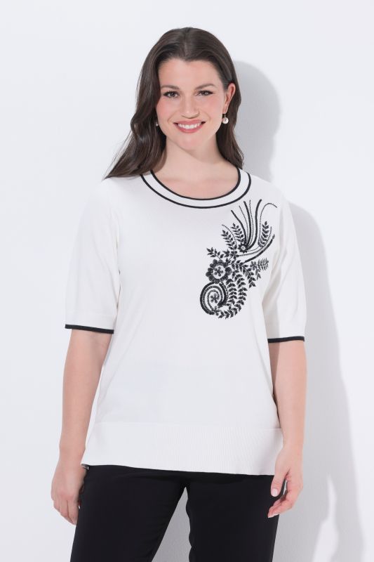 Pull twinset, fleurs brodées avec paillettes, col rond et manches courtes