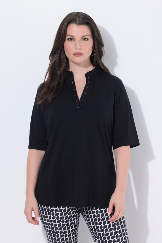 T-shirt en coton Pima, col montant et manches courtes, strass fantaisie