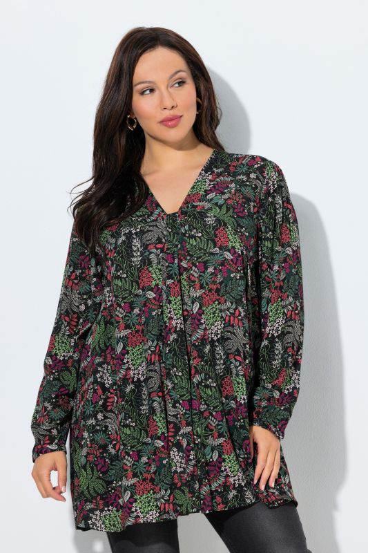 Blouse à fleurs, manches longues et plis godet, coupe évasée