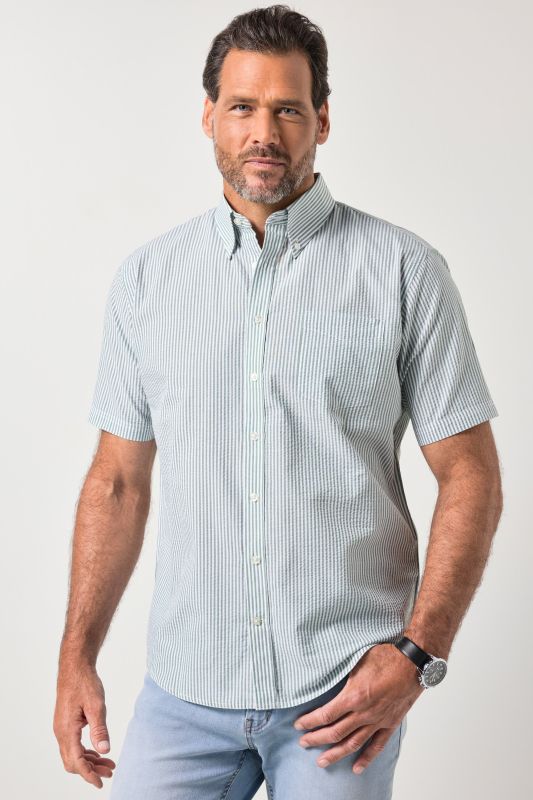 Chemise JP 1880 en seersucker rayé, manches courtes et col à pointes boutonnées, coupe Modern Fit - jusqu'au 8 XL