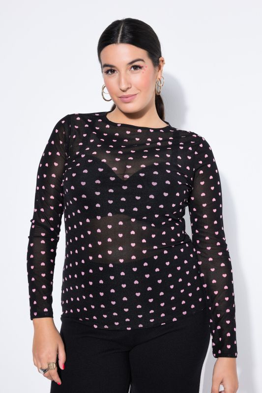 T-shirt slim à manches longues, en mesh avec motif cœur