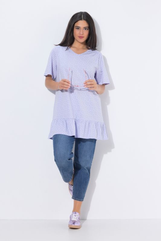 T-shirt à volant, manches courtes cloche, décolleté en V et coupe évasée