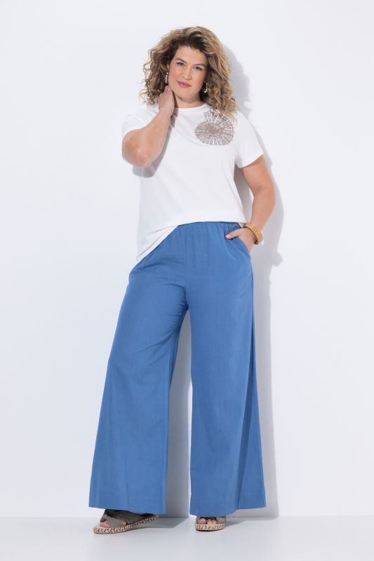 Pantalon palazzo en lin mélangé, taille élastique et jambe large