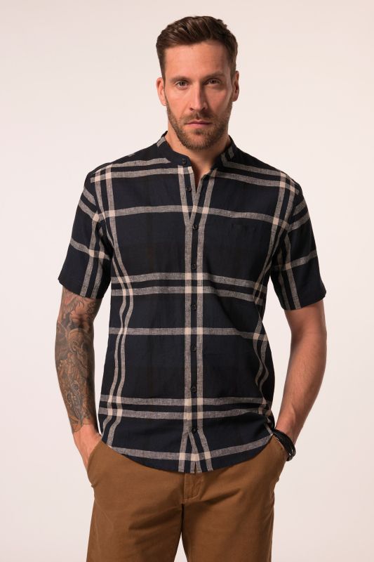 Chemise JP 1880 en in mélangé, imprimé à carreaux, manches courtes et col Kent, coupe Modern Fit - jusqu'au 8 XL
