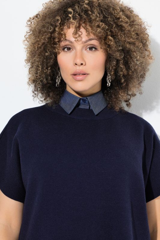 Faux col chemisier, aspect jean, avec patte de boutonnage