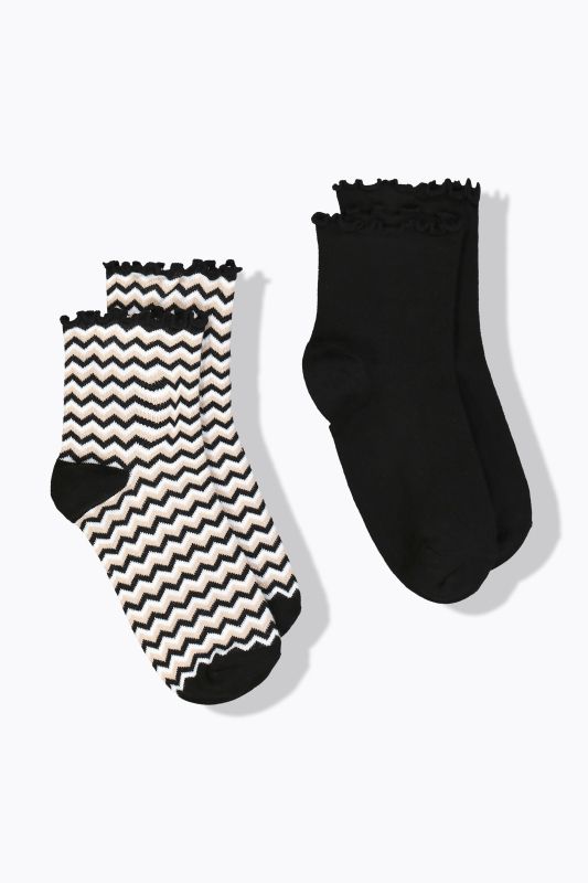 Lot de 2 paires de chaussettes, uni/motif chevrons, tige courte avec ruchés