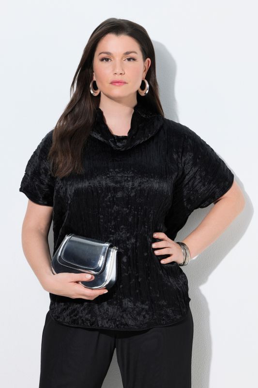 Blouse en acétate effet froissé, coupe oversize, manches courtes et col montant