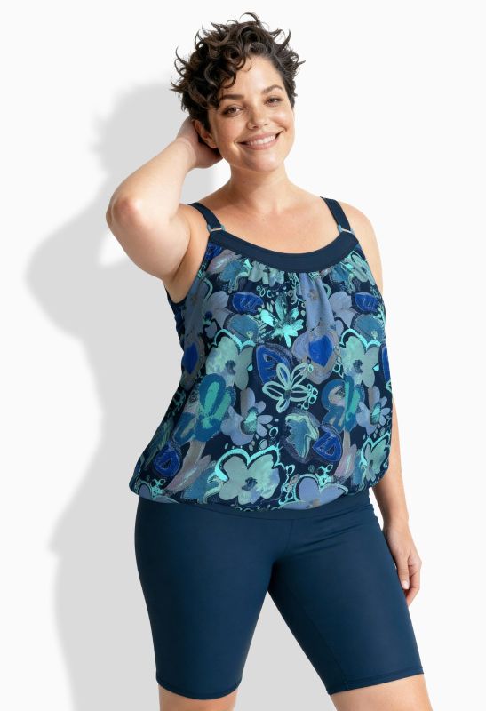 Tankini, bas longueur cycliste, motif floral, bonnets souples et bretelles ajustables