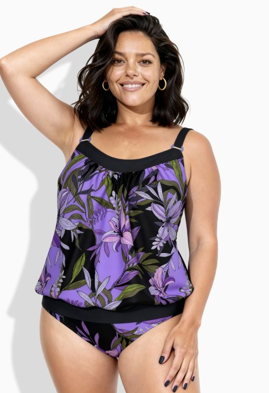 Tankini motif lys, bonnets souples, base élastique et bretelles ajustables