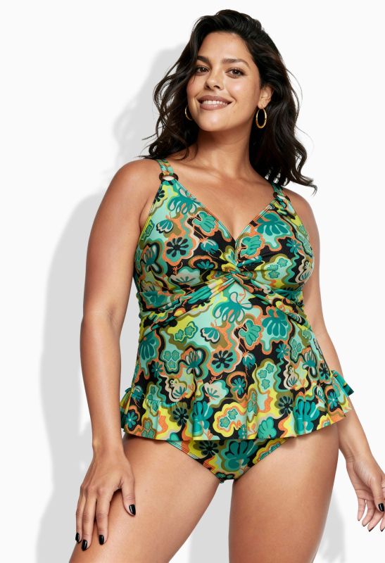 Tankini motif bohème, avec bonnets souples, bretelles ajustables et matière recyclée