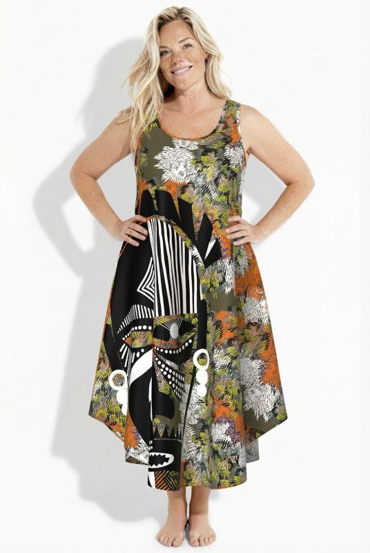 Robe midi sans manches, motif masque, décolleté rond et coupe évasée