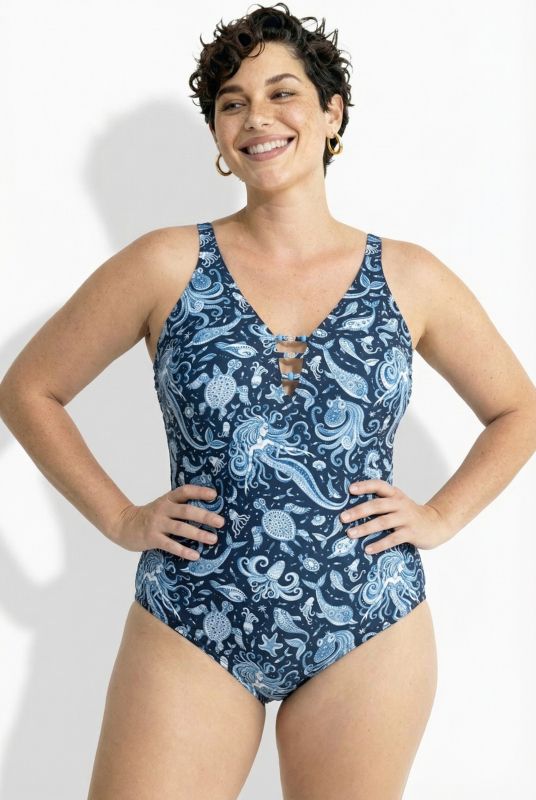 Maillot de bain avec bonnets souples, motif sirènes et matière recyclée