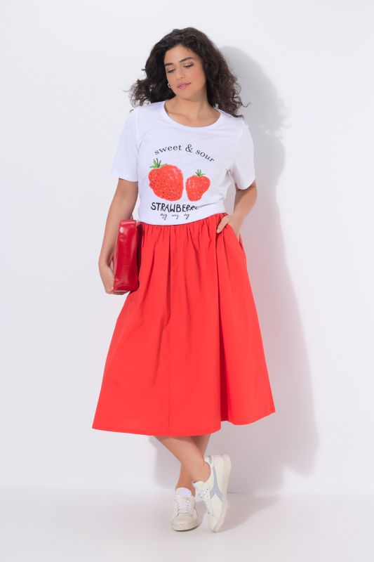 Jupe midi, matière stretch et taille élastique, coupe évasée