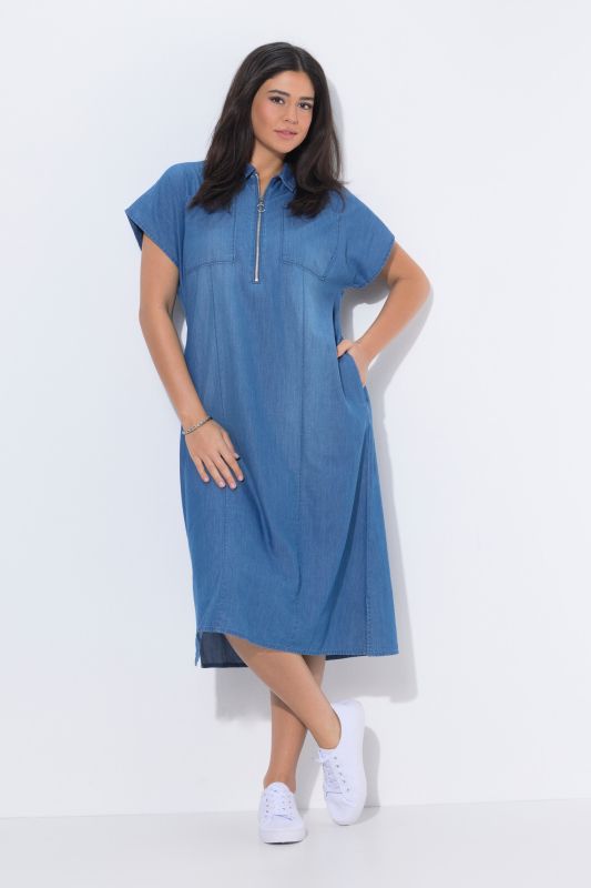 Robe midi aspect jean, col chemise et fermeture zippée, manches courtes