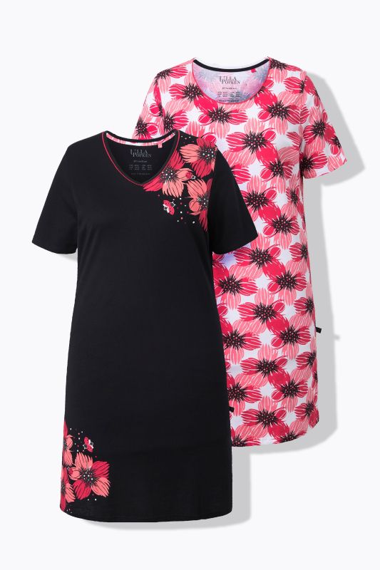 Lot de 2 grands T-shirts/chemises de nuit, motif floral, col rond/en V et manches courtes