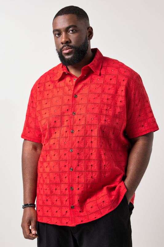 Chemise STHUGE avec broderie ajourée, manches courtes et col Kent, coupe Boxy Fit – jusqu'au 8 XL