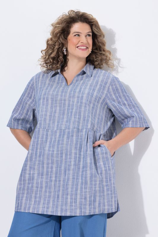 Tunique à rayures, silhouette en O, col chemise et manches courtes