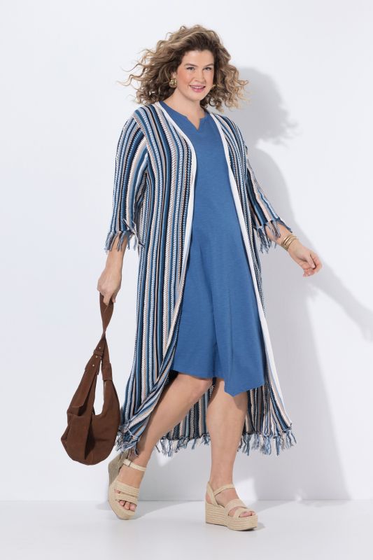 Cardigan long à rayures, maille ajourée, franges et manches&nbsp;3/4