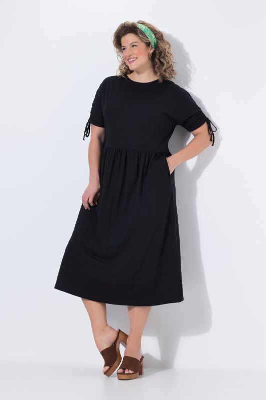 Robe midi en coton bio, décolleté rond et manches courtes, cordons à froncer