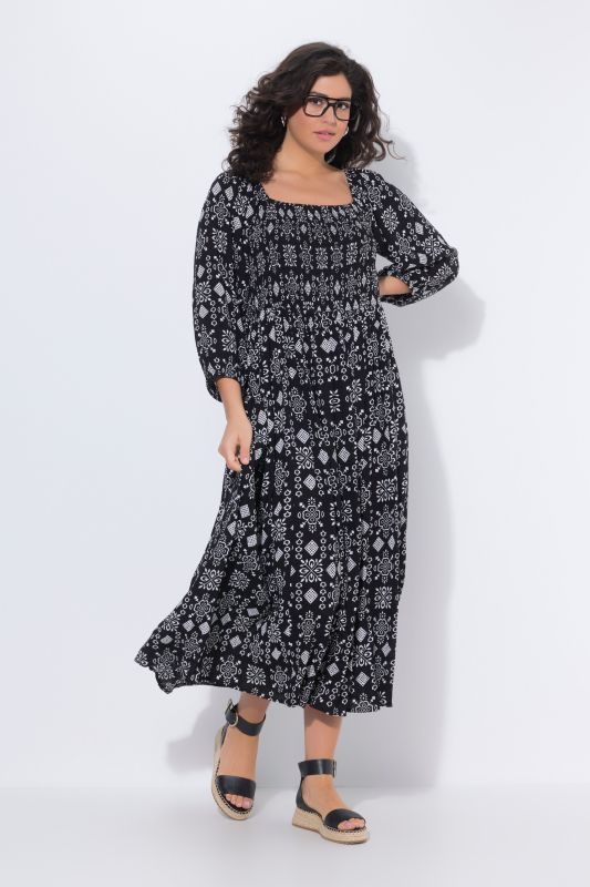 Robe maxi, coupe évasée, décolleté carré et manches&nbsp;3/4