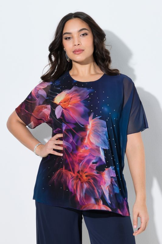 Blouse doublée à fleurs, décolleté rond et manches courtes, coupe évasée