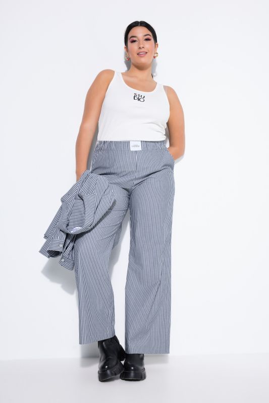 Pantalon large à taille élastique, rayures et étiquette