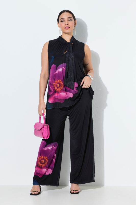 Pantalon en mousseline doublée, motif floral et taille élastique