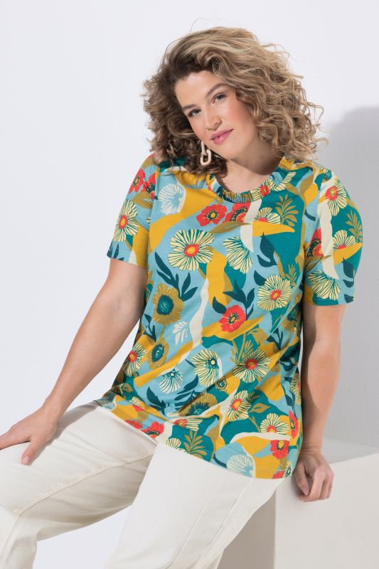 T-shirt à fleurs en coton bio, décolleté rond et manches courtes