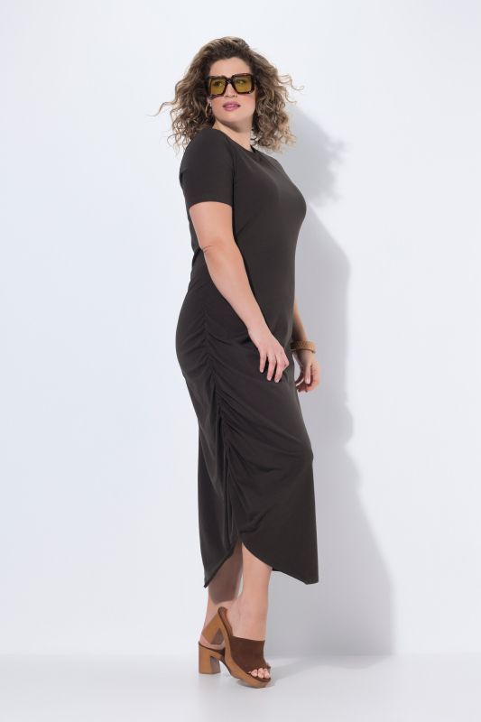 Robe maxi en coton bio, effet drapé, décolleté rond et manches courtes Coton bio