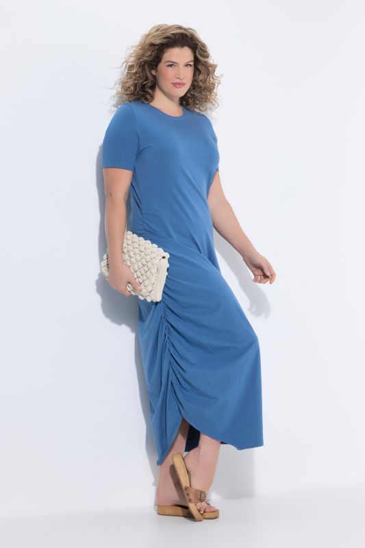 Robe maxi en coton bio, effet drapé, décolleté rond et manches courtes Coton bio