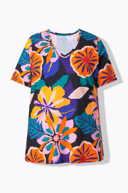 T-shirt à fleurs, décolleté en V et manches courtes
