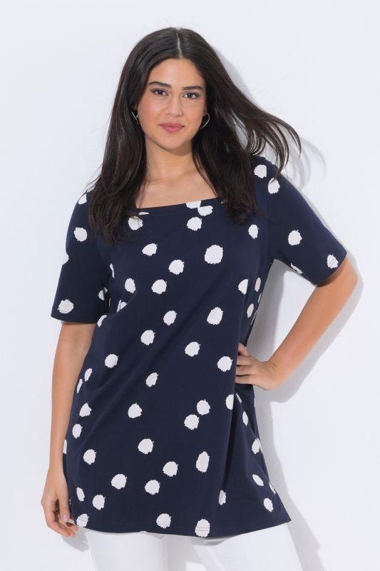 T-shirt long motif à pois, décolleté carré et manches 3/4, coupe évasée