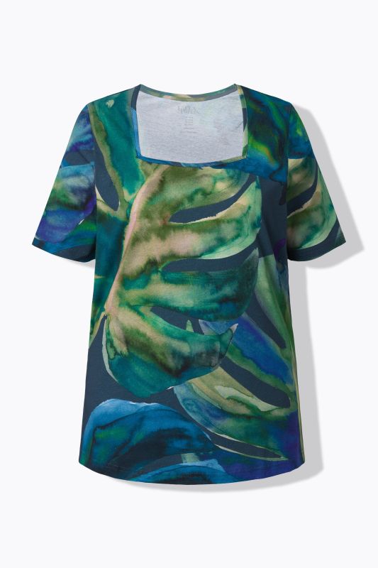 T-shirt long motif feuilles, décolleté carré et manches courtes, coupe évasée