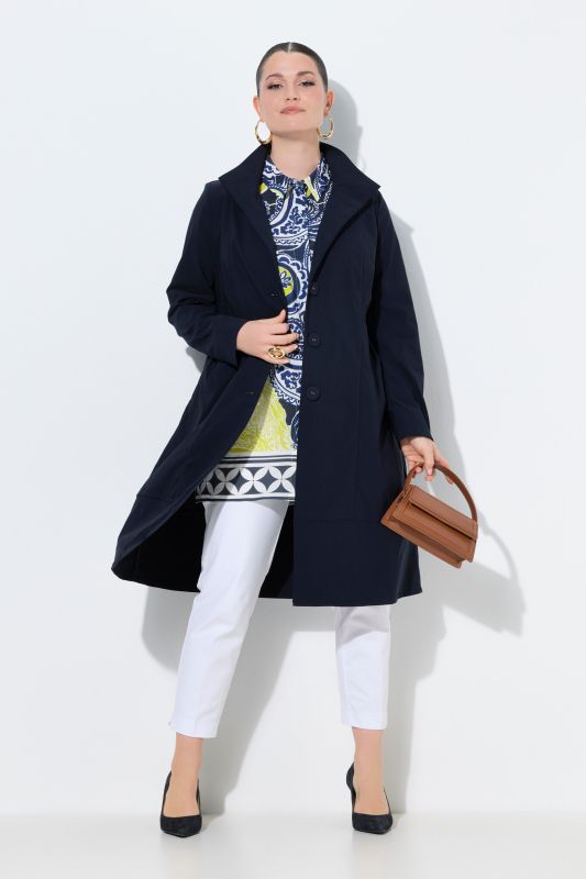 Manteau en tissu bengaline extensible, coupe évasée, col montant et manches longues