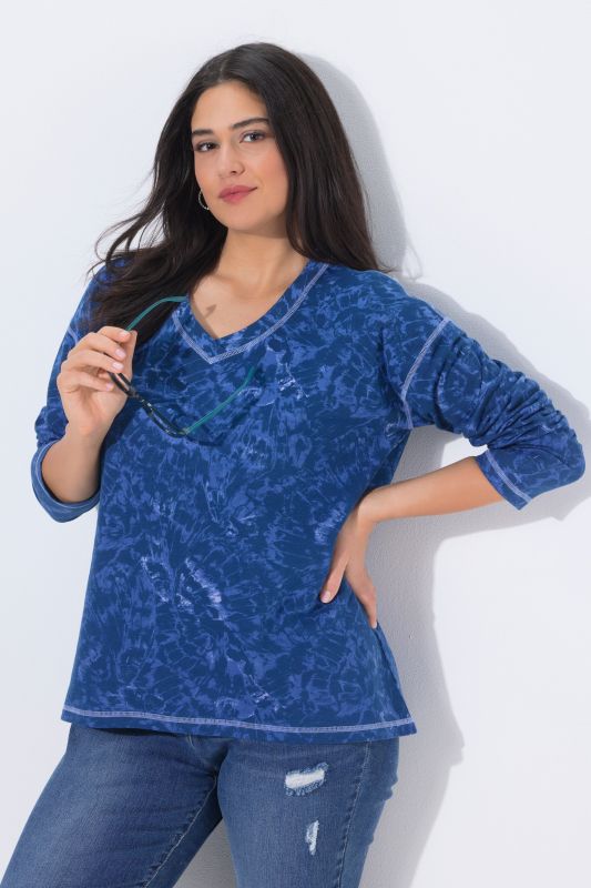 Sweat-shirt motif papillons, col en V et manches longues
