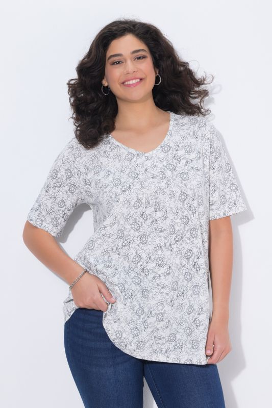 T-shirt à coupe évasée, motif tortues, décolleté en V et manches courtes