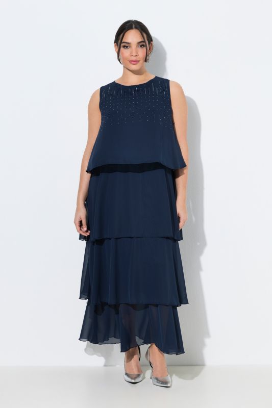 Robe maxi en mousseline, modèle sans manches, volant et décolleté bateau