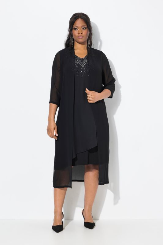 Veste longue en mousseline. Col châle et manches 3/4. Coupe ouverte