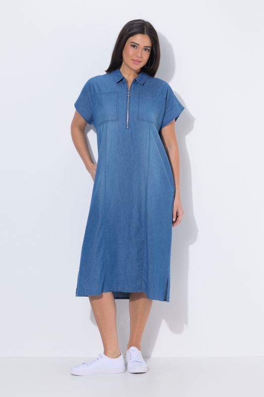 Robe midi aspect jean, col chemise et fermeture zippée, manches courtes