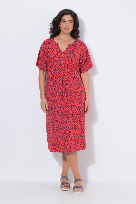 Robe midi motif fraises, manches courtes et col tunisien