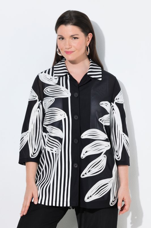 Chemisier long en tulle, broderies, col chemise et manches&nbsp;3/4