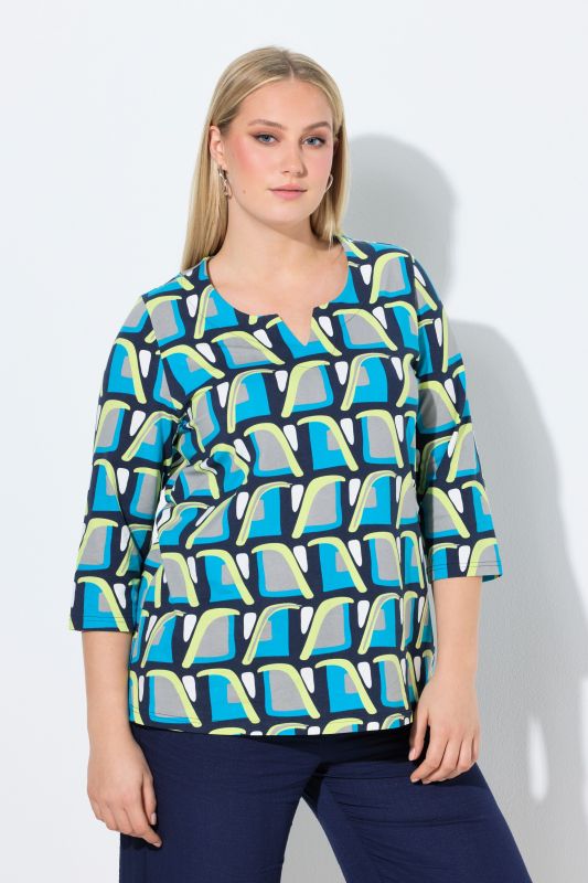 T-shirt col tunisien et manches&nbsp;3/4, coupe évasée