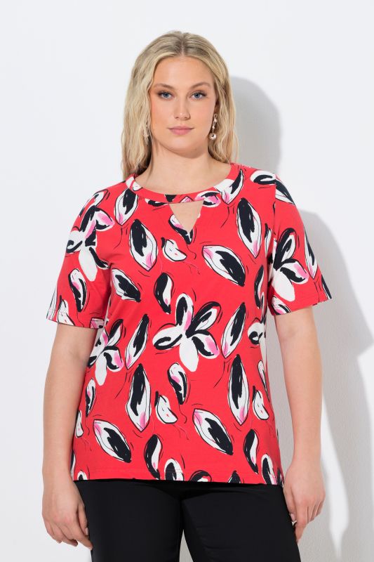 T-shirt à fleurs, coupe Classic Fit, décolleté rond avec découpe et manches courtes