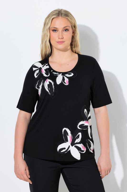 T-shirt motif floral et strass fantaisie, décolleté rond, manches courtes