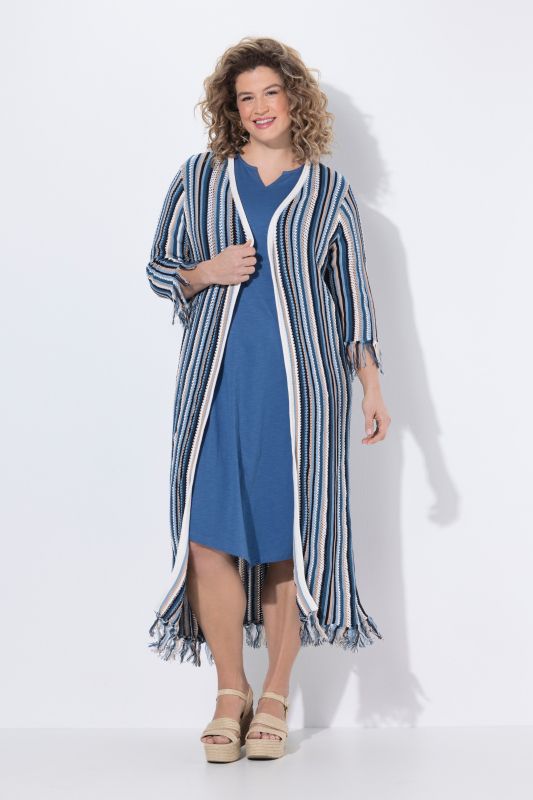 Cardigan long à rayures, maille ajourée, franges et manches&nbsp;3/4